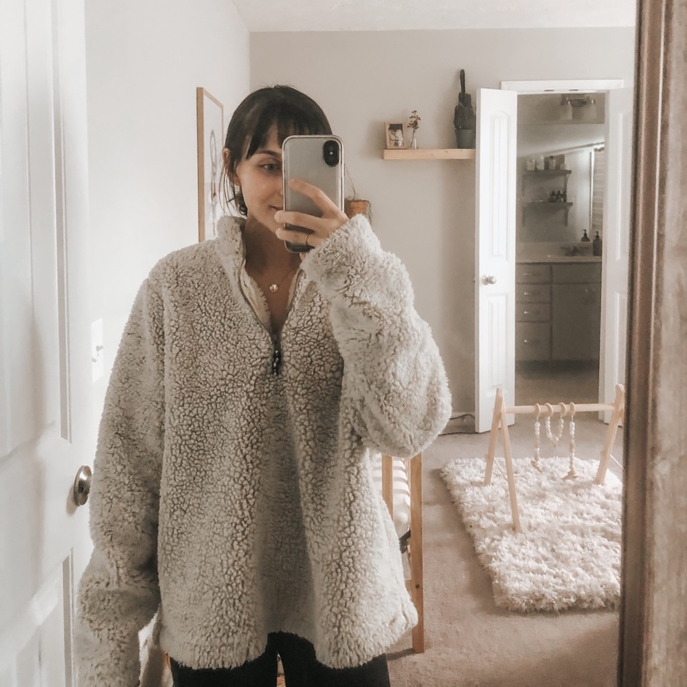 Oversized white Sherpa half zip